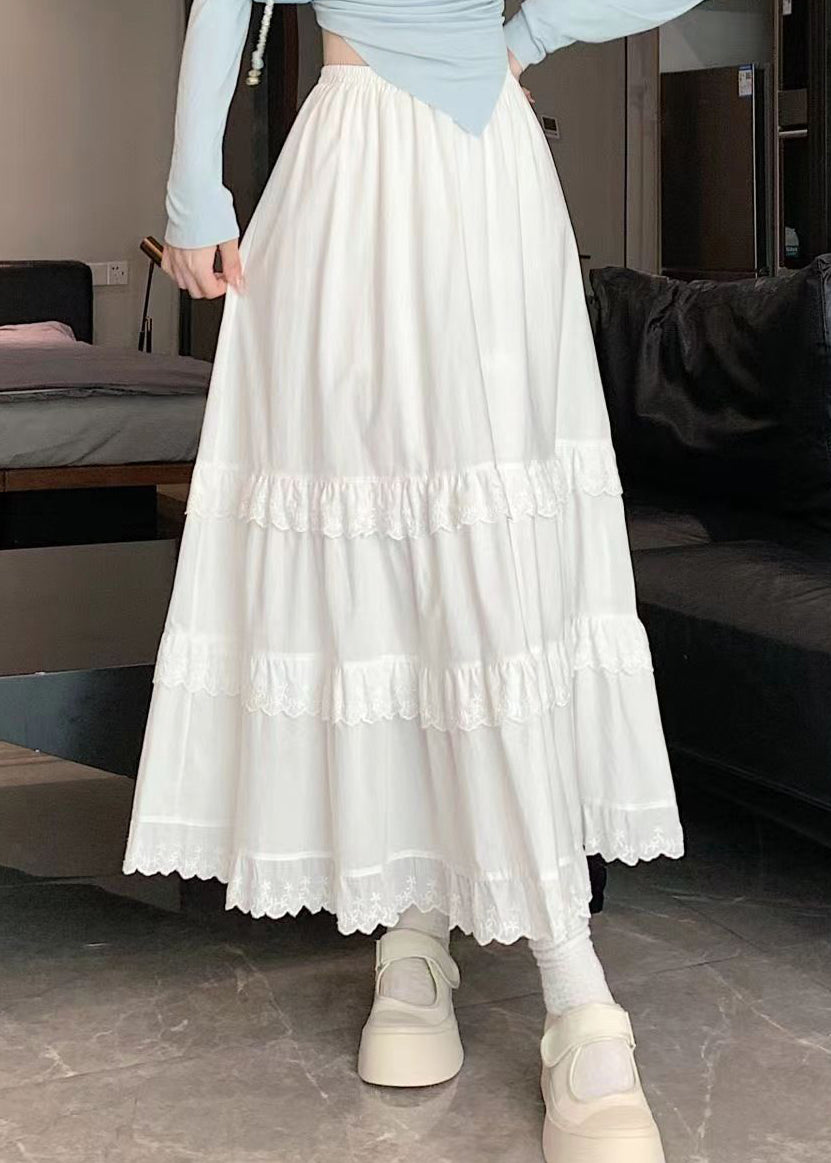 Handmade White Lace Patchwork Elastic Waist Cotton Skirts Summer QQ1026 Ada Fashion