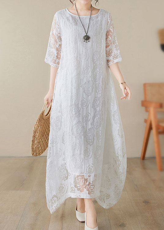 Handmade White O Neck Hollow Out Lace Dress Summer AP082 GK-SDL240718