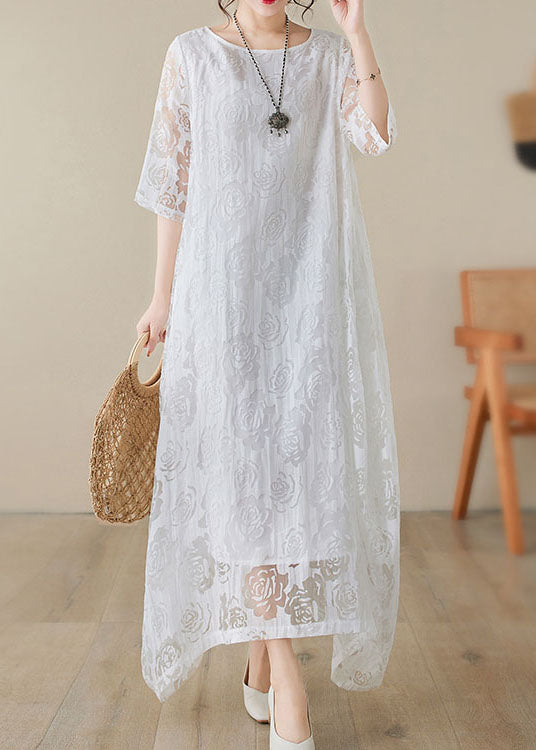 Handmade White O Neck Hollow Out Lace Dress Summer AP082 GK-SDL240718