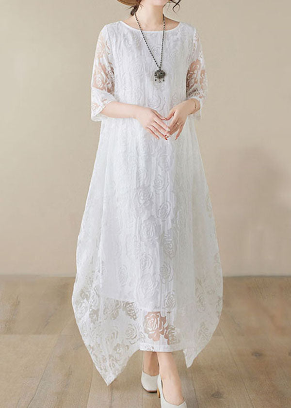 Handmade White O Neck Hollow Out Lace Dress Summer AP082 GK-SDL240718