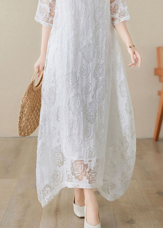 Handmade White O Neck Hollow Out Lace Dress Summer AP082 GK-SDL240718