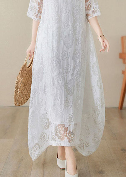 Handmade White O Neck Hollow Out Lace Dress Summer AP082 GK-SDL240718