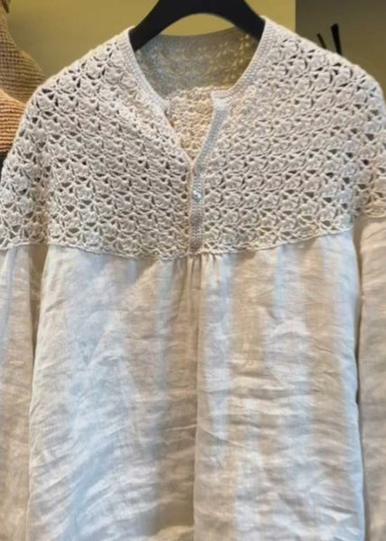 Oversized Handmade Out White Patchwork Summer Tops Linen Hollow FashionChic