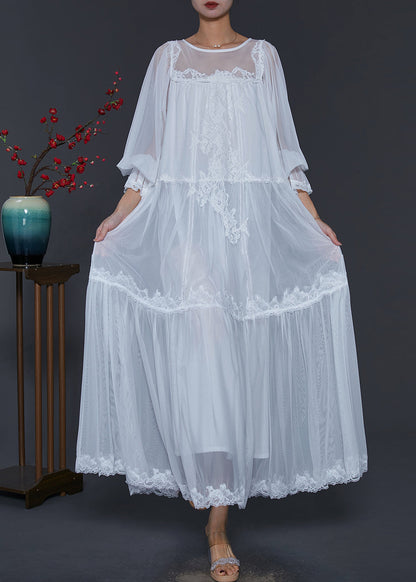Handmade White Oversized Patchwork Lace Tulle Holiday Dress Spring SD1016 Ada Fashion