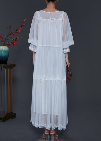Handmade White Oversized Patchwork Lace Tulle Holiday Dress Spring SD1016 Ada Fashion