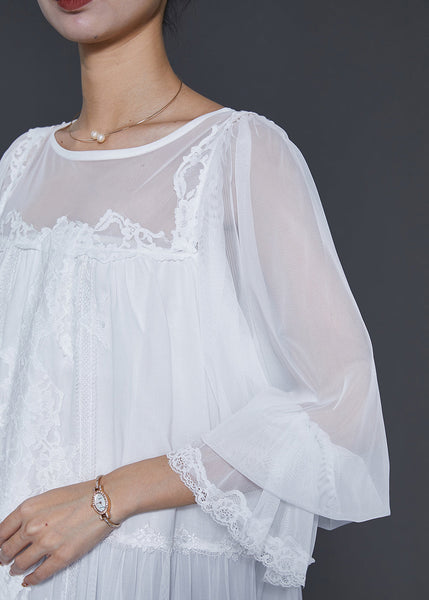 Handmade White Oversized Patchwork Lace Tulle Holiday Dress Spring SD1016 Ada Fashion