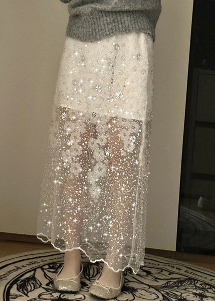 Handmade Summer Tulle Sequins Bead Skirt Nail White FashionChic