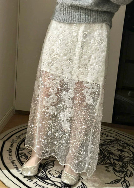 Handmade Summer Tulle Sequins Bead Skirt Nail White FashionChic