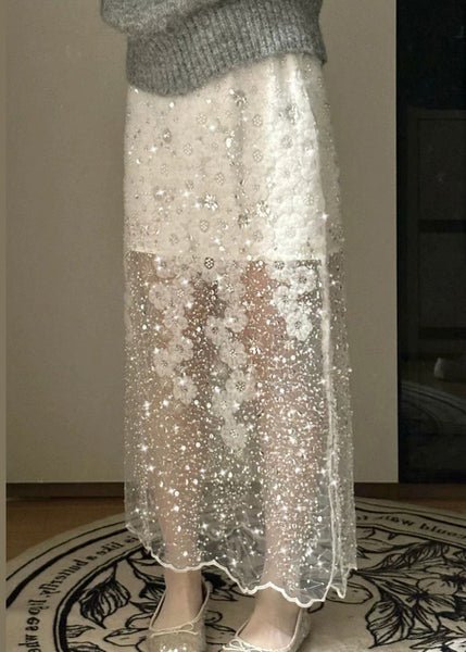 Handmade Summer Tulle Sequins Bead Skirt Nail White FashionChic