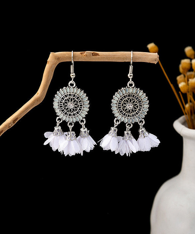 Drop Floral Zircon Tassel Chiffon Sterling White Silver Handmade FashionChic