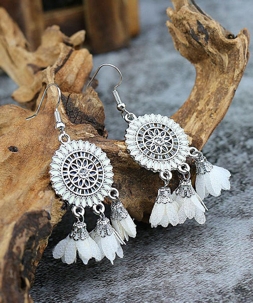 Drop Floral Zircon Tassel Chiffon Sterling White Silver Handmade FashionChic