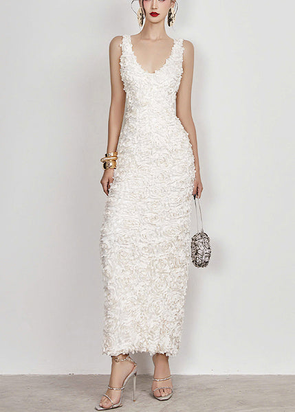 Open Cotton Side Long V Handmade Sleeveless White Dress Neck FashionChic