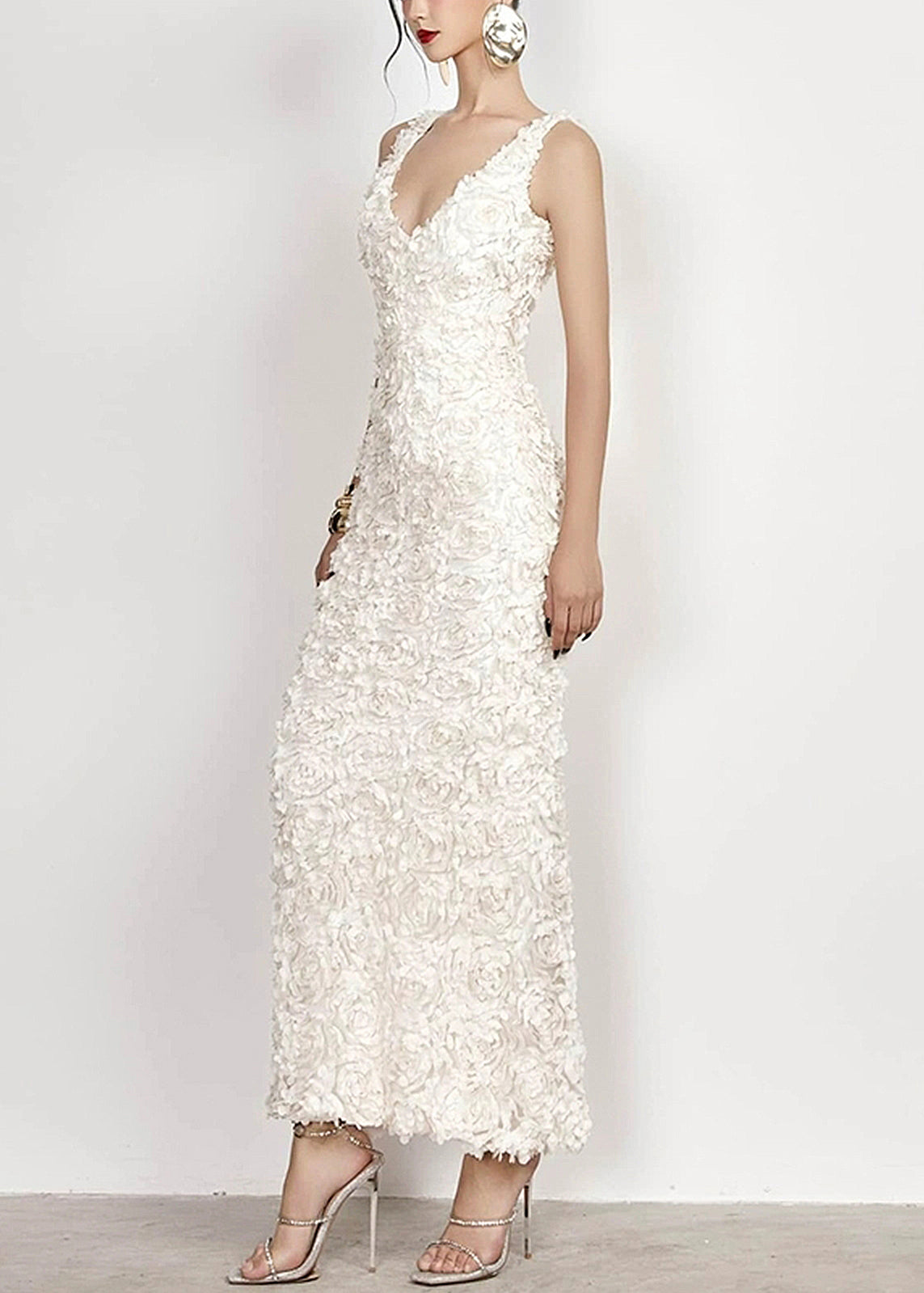 Open Cotton Side Long V Handmade Sleeveless White Dress Neck FashionChic