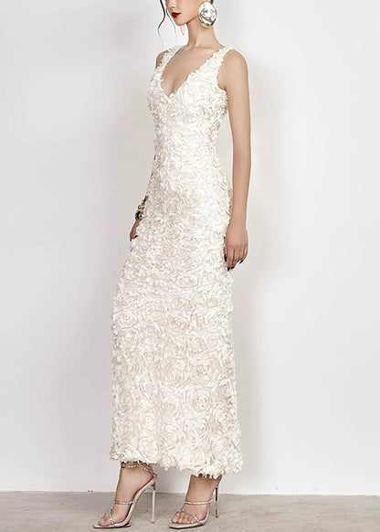 Open Cotton Side Long V Handmade Sleeveless White Dress Neck FashionChic