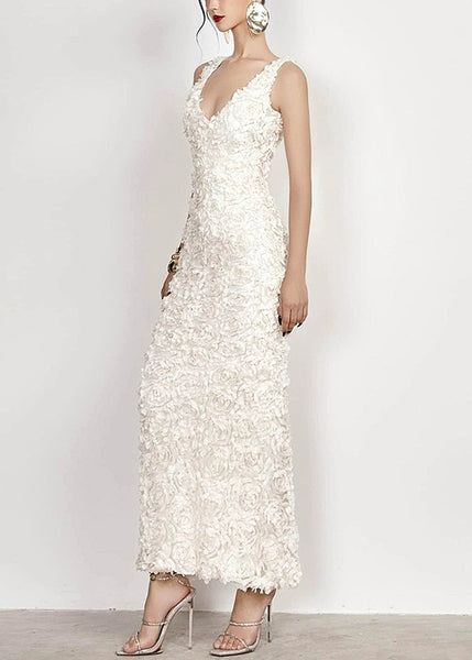 Open Cotton Side Long V Handmade Sleeveless White Dress Neck FashionChic