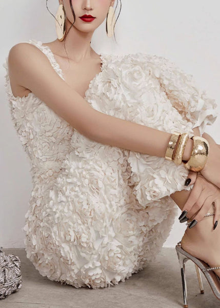 Open Cotton Side Long V Handmade Sleeveless White Dress Neck FashionChic