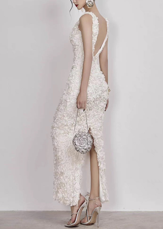 Open Cotton Side Long V Handmade Sleeveless White Dress Neck FashionChic