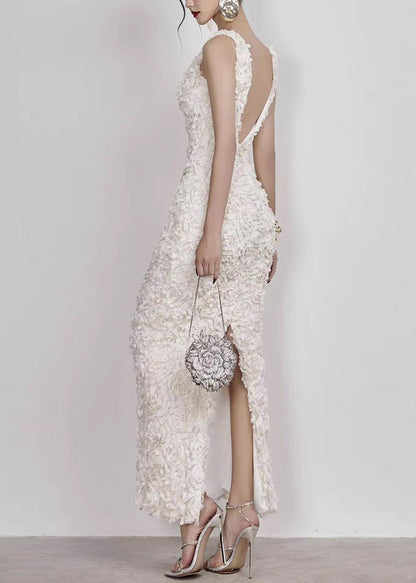 Open Cotton Side Long V Handmade Sleeveless White Dress Neck FashionChic