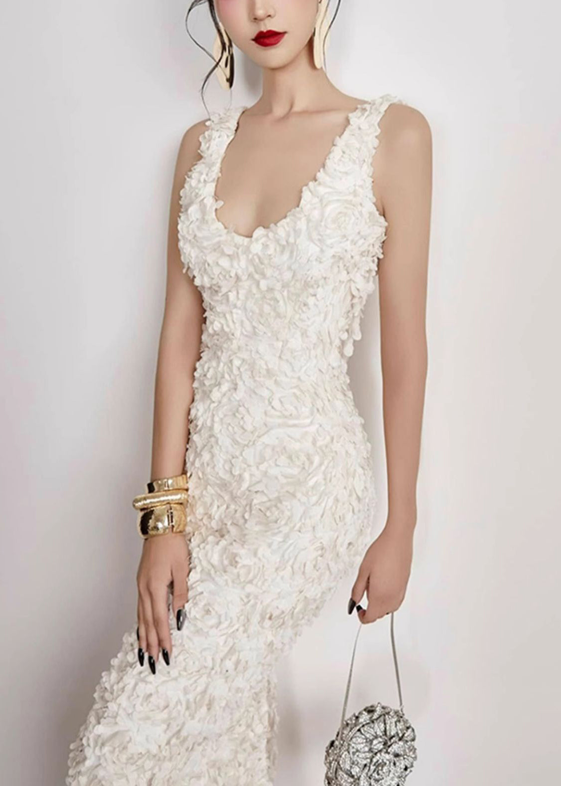 Open Cotton Side Long V Handmade Sleeveless White Dress Neck FashionChic