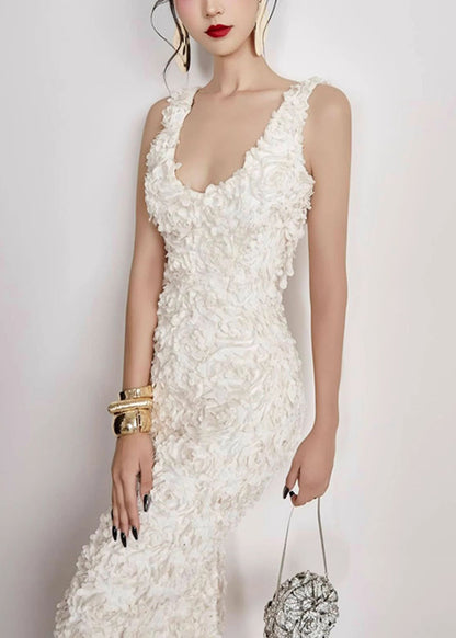 Open Cotton Side Long V Handmade Sleeveless White Dress Neck FashionChic