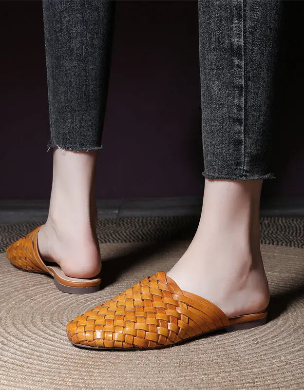 Handmade Woven Leather Round Head Slippers Ada Fashion