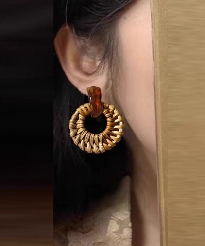 Bamboo Earrings Hoop Weaving Grass Vine Alloy Handmade Yellow FashionChic