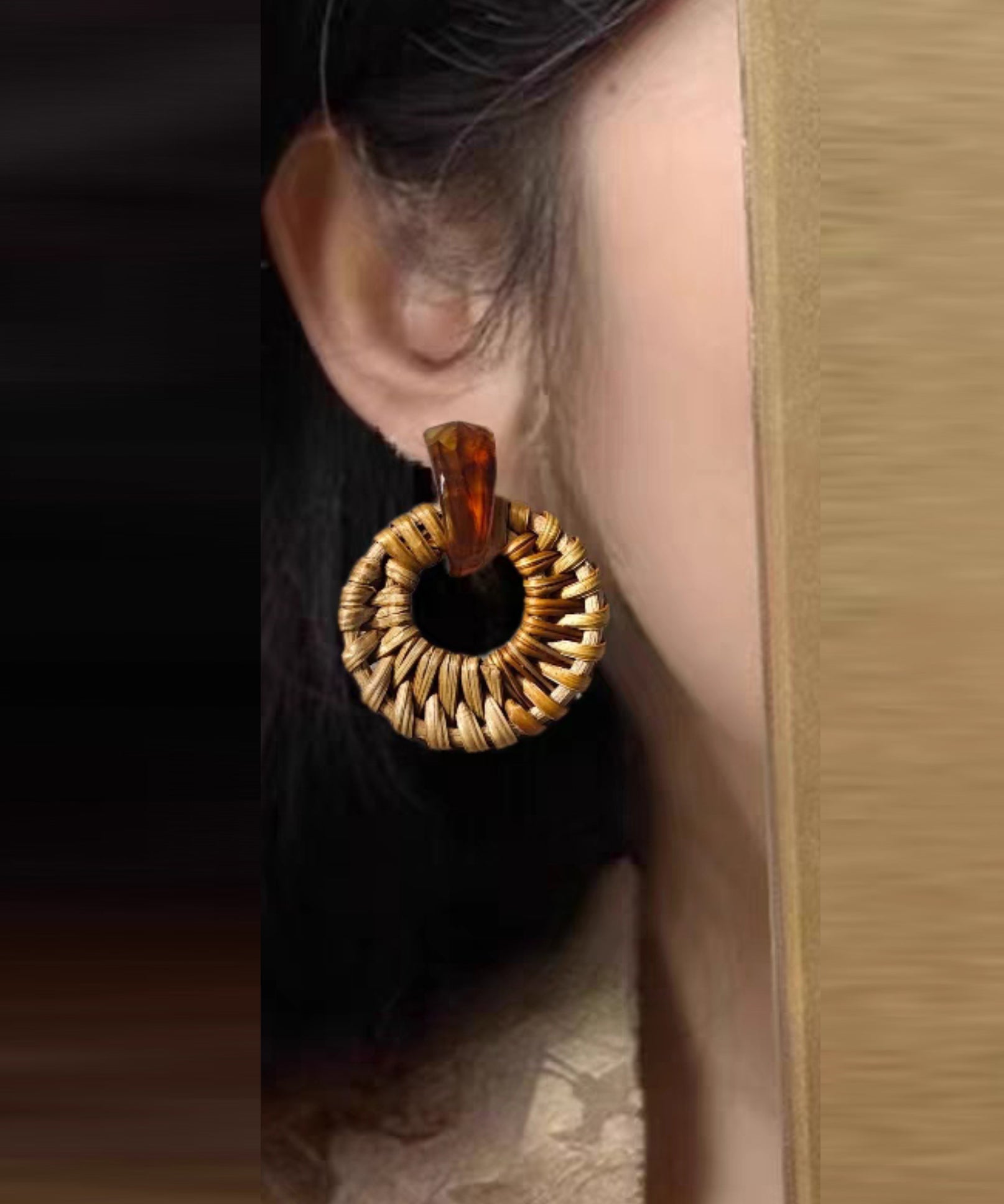 Bamboo Earrings Hoop Weaving Grass Vine Alloy Handmade Yellow FashionChic