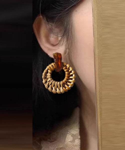 Bamboo Earrings Hoop Weaving Grass Vine Alloy Handmade Yellow FashionChic