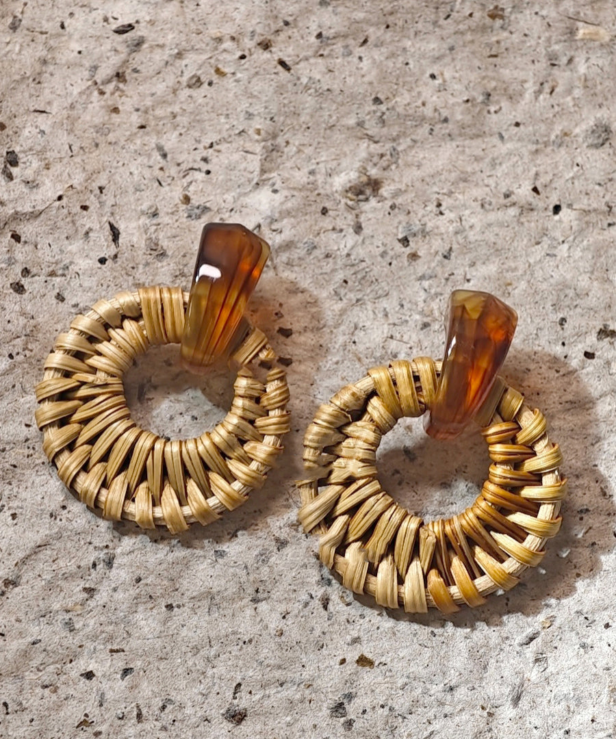 Bamboo Earrings Hoop Weaving Grass Vine Alloy Handmade Yellow FashionChic