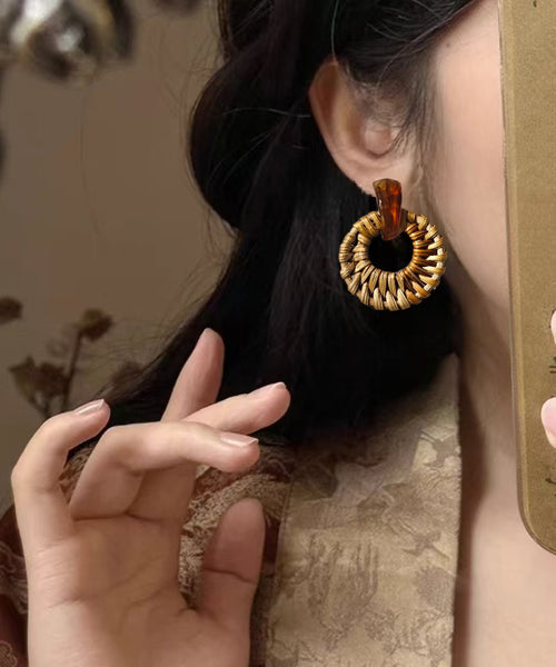 Bamboo Earrings Hoop Weaving Grass Vine Alloy Handmade Yellow FashionChic