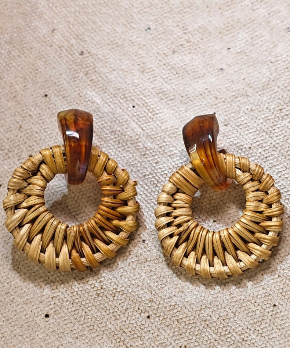Bamboo Earrings Hoop Weaving Grass Vine Alloy Handmade Yellow FashionChic