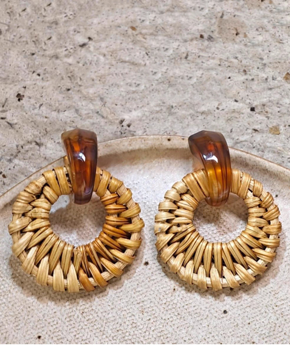 Bamboo Earrings Hoop Weaving Grass Vine Alloy Handmade Yellow FashionChic