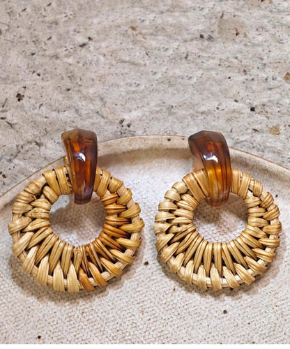 Bamboo Earrings Hoop Weaving Grass Vine Alloy Handmade Yellow FashionChic