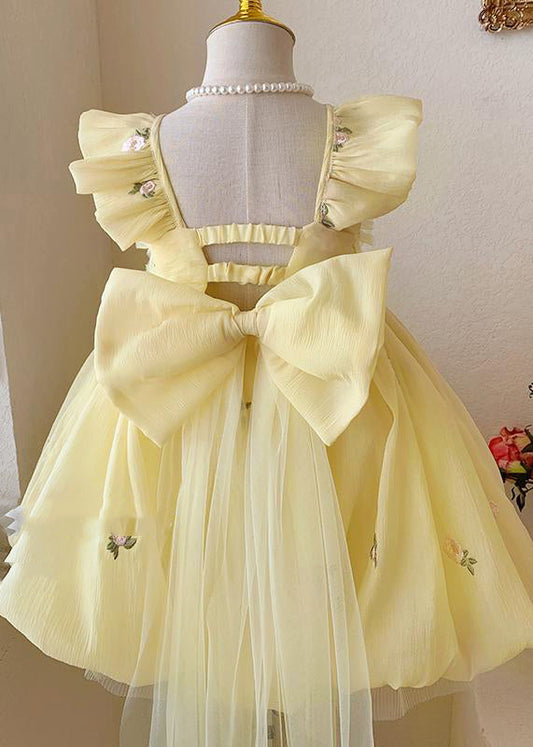 Handmade Yellow Bow Embroideried Backless Tulle Girls Maxi Dresses Summer YE009 ABC