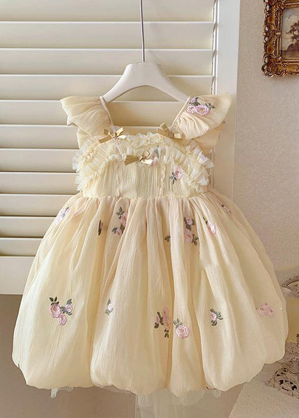 Handmade Yellow Bow Embroideried Backless Tulle Girls Maxi Dresses Summer YE009 ABC