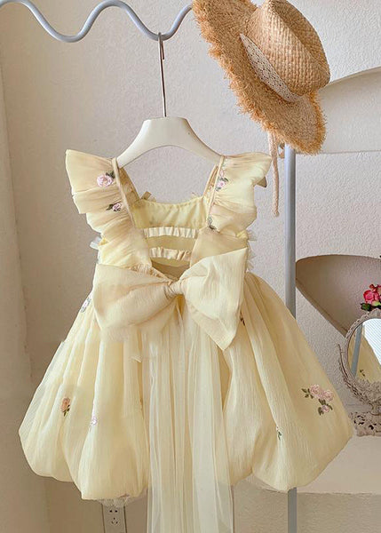 Handmade Yellow Bow Embroideried Backless Tulle Girls Maxi Dresses Summer YE009 ABC