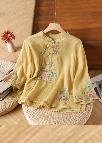 Sleeve Handmade Yellow Linen Embroidered Button Bracelet Shirt FashionChic