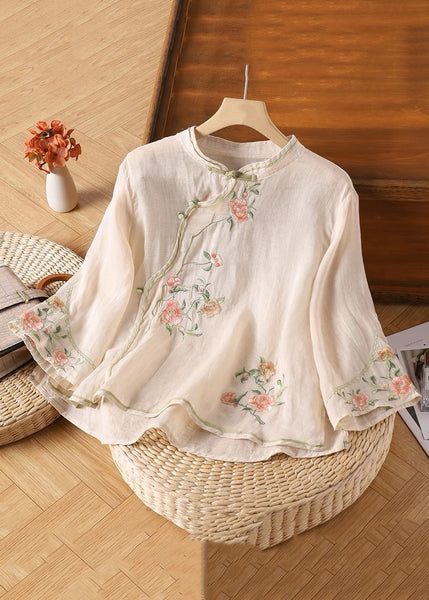 Sleeve Handmade Yellow Linen Embroidered Button Bracelet Shirt FashionChic