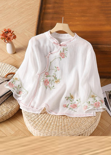 Sleeve Handmade Yellow Linen Embroidered Button Bracelet Shirt FashionChic