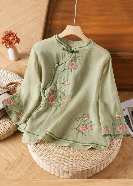 Sleeve Handmade Yellow Linen Embroidered Button Bracelet Shirt FashionChic