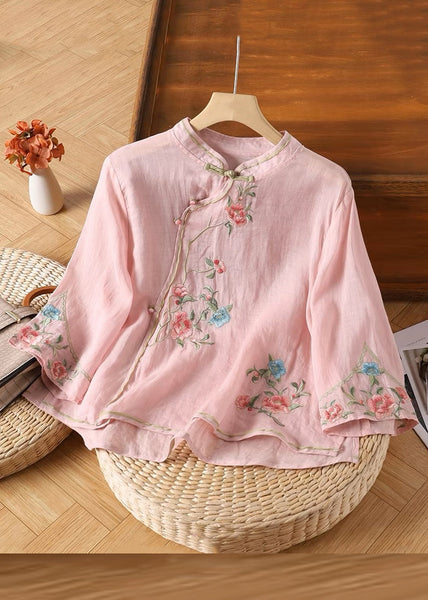 Sleeve Handmade Yellow Linen Embroidered Button Bracelet Shirt FashionChic