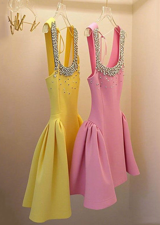 Nail Sleeveless Patchwork Up Handmade Yellow Dress Bead Lace Mid FashionChic