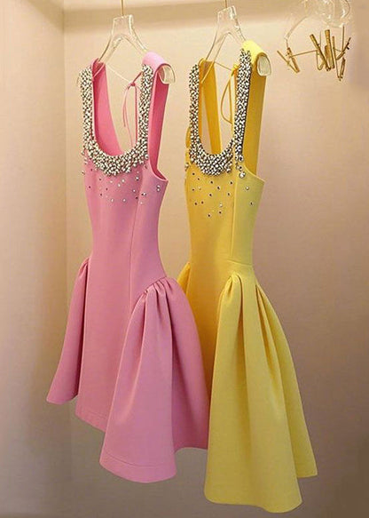 Nail Sleeveless Patchwork Up Handmade Yellow Dress Bead Lace Mid FashionChic