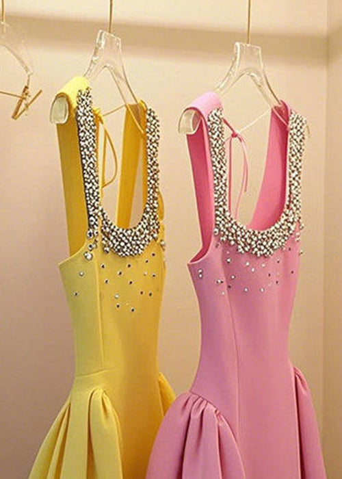 Nail Sleeveless Patchwork Up Handmade Yellow Dress Bead Lace Mid FashionChic