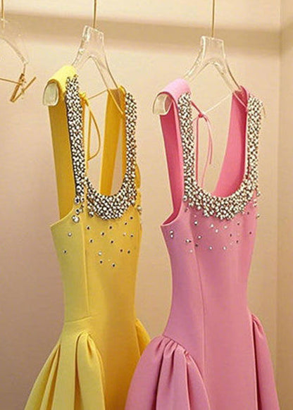 Nail Sleeveless Patchwork Up Handmade Yellow Dress Bead Lace Mid FashionChic