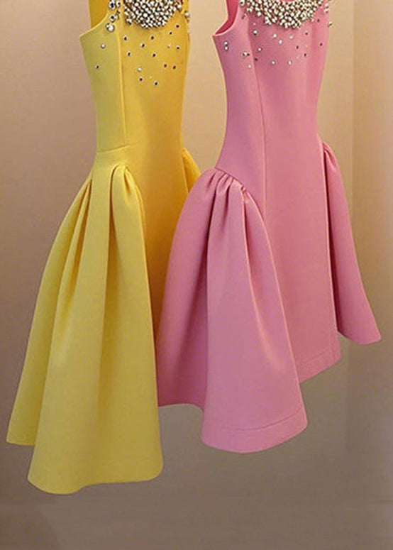 Nail Sleeveless Patchwork Up Handmade Yellow Dress Bead Lace Mid FashionChic