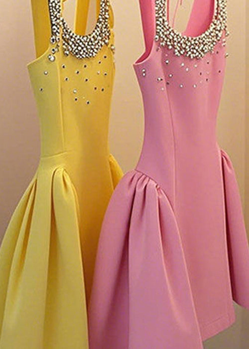 Nail Sleeveless Patchwork Up Handmade Yellow Dress Bead Lace Mid FashionChic