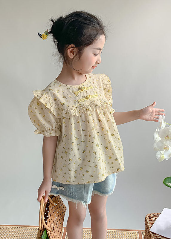 Handmade Yellow O-Neck Print Button Girls Shirts Summer SS1009 MM-RCTZ-STP240601