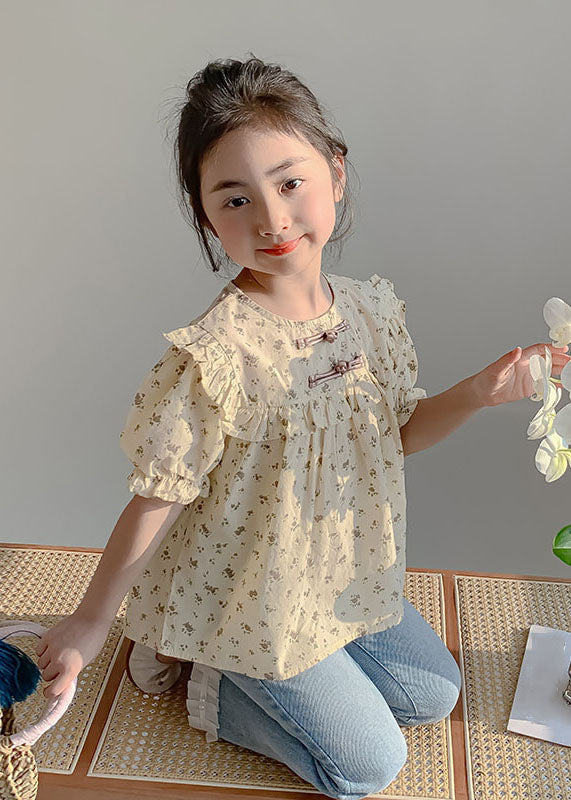 Handmade Yellow O-Neck Print Button Girls Shirts Summer SS1009 MM-RCTZ-STP240601