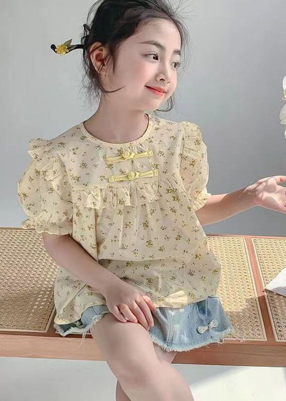 Handmade Yellow O-Neck Print Button Girls Shirts Summer SS1009 MM-RCTZ-STP240601